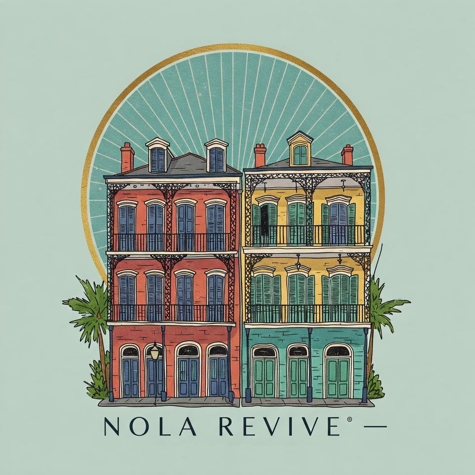 NOLA Revive logo: two restored French Quarter townhouses with iron balconies